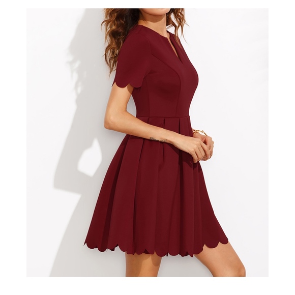 V Neck Fit & Flare Scallop Skater Dress Burgundy Red - Picture 3 of 7